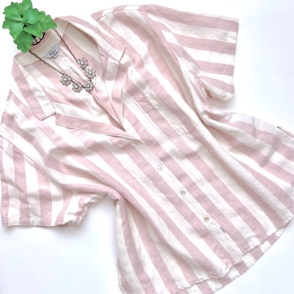 Rails Zuma Petal Stripe Shirt Short Sleeve Button Down Pink White Wide Stripe M - Picture 2 of 13